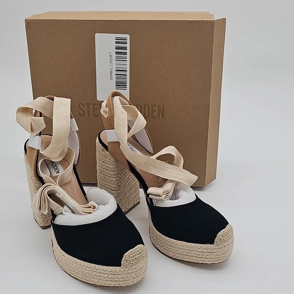 Steve Madden LUVLEY Black Suede Espadrille Platform Ankle-Tie Heels - Picture 5 of 8